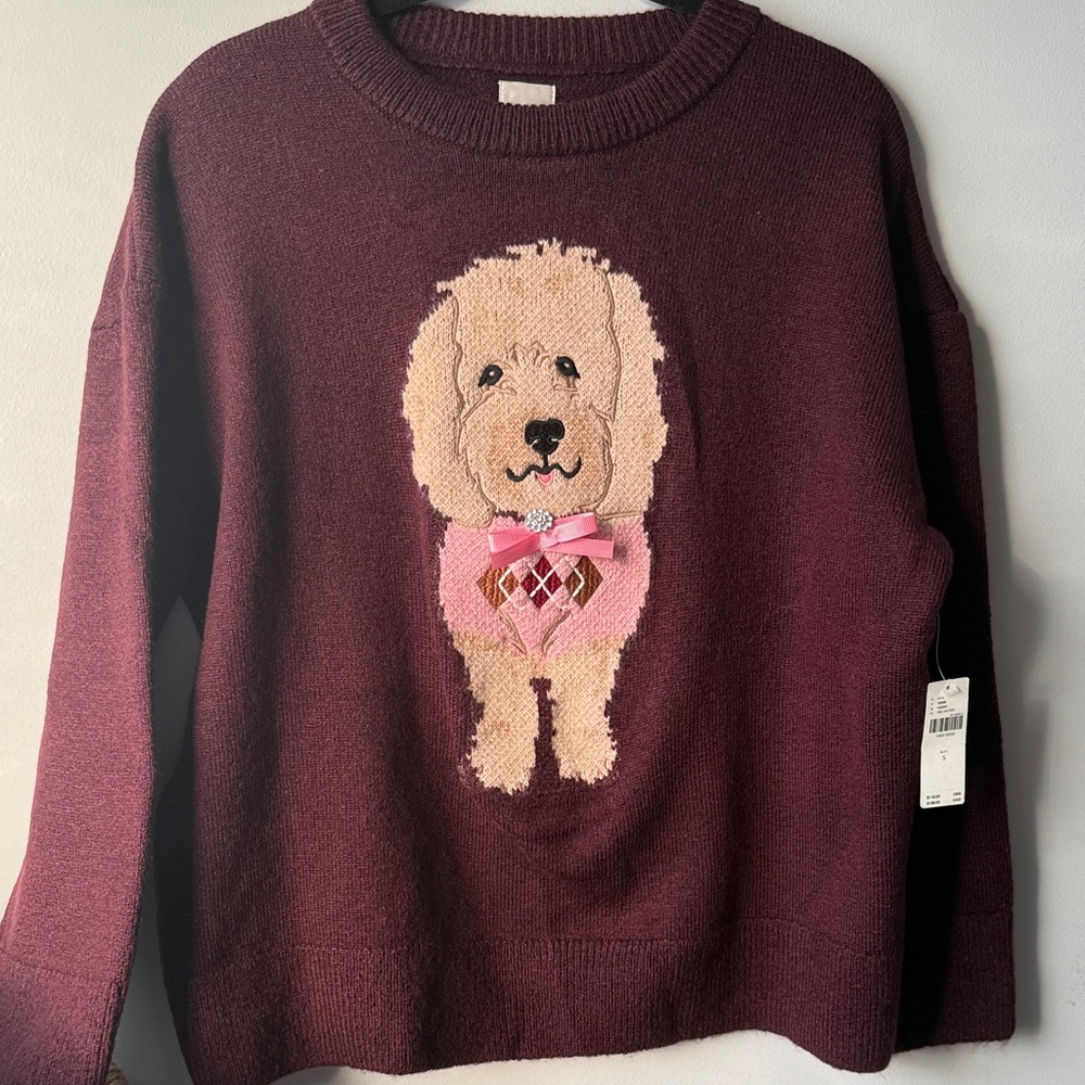 NWT Sold Out Maeve Burgundy Sweater with Doodle Dog Design